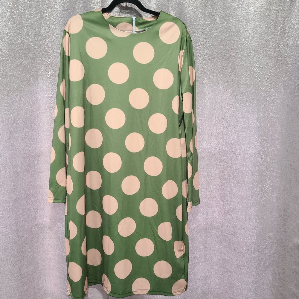 Unbranded Green Polka Dot Long Sleeve Shift Dress 2XL Plus Size Crew Neck Green